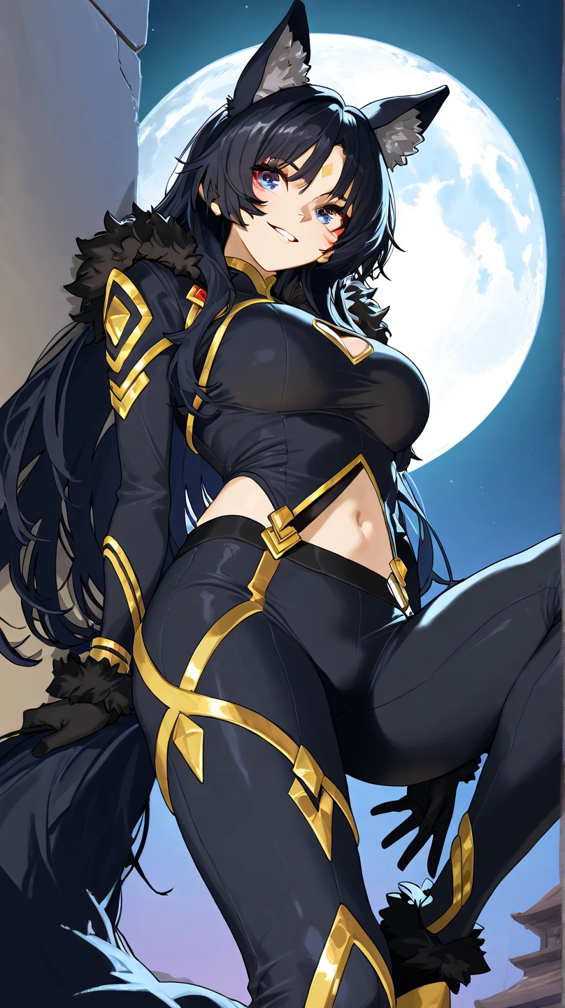 black hair, extremely long hair, yellow eyes, pale skin, muscular, large breasts, thick thighs, angry, black dragon, 1 girl