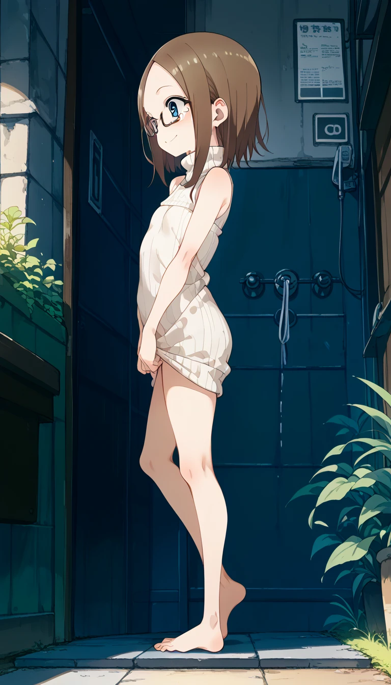 masterpiece, ncjstyle, looking at viewer, moderate smile, aioi yuuko, naked, topless, bottomless, small breasts, 1girl, brown hair, short hair, brown eyes, solo, cowboy shot, sky, bushes, stairs, electrical poles, background