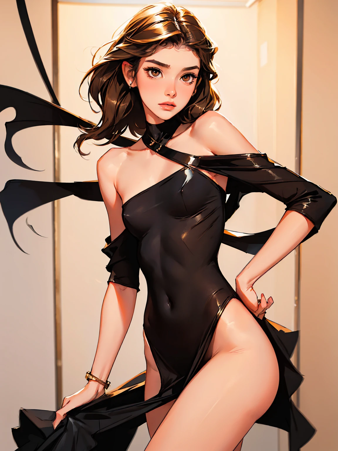 nsfw:1.5,masterpiece, best quality, high quality, High definition, High quality texture, High quality shadow, high detail, beautiful detailed, extremely realistic photo, extremely detailed cg, detailed texture, a realistic representation of the face, realistic, colorful, delicate, Cinematic Light, sidelighting, Lens Flare, Ray tracing, sharp focus, (1girl, __focus__:1.3), solo, (intricate details, makeup, PureErosFace_V1:0.5), very sexy skimpy black leather vampiric, detailed beautiful delicate face, detailed beautiful delicate eyes, a face of perfect proportion, high detailed skin, detailed skin, sideboob, best ratio four finger and one thumb, full body photo, medium large breasts, midriff, both hands on hips.