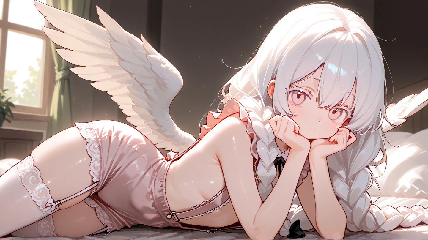 Absurd,(masterpiece、highest quality、8k ),Intricate details,Ultra-detailed、1 cute girl、((movie:1.4)),Male focus,Embarrassing、(Flat chest、bulge:2.2(Silver Hair、(Angel、White camisole,White shorts、White knee-high socks:1.3),On the bed、Ultra-realistic,Perfect Anatomyfingering, schlick, masturbation