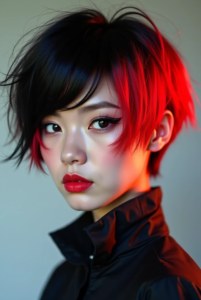 beautiful girl, half body portrait, short bright red disheveled hair, black eyeshadow, (street style wear:1.2), (city background:1.2), dark makeup, digital art, trending on artstation, highly detailed, fine detail, intricate, beautiful detailed glow, detailed, Cinematic light, highres, detailed facial features,sharp focus, smooth, aesthetic,