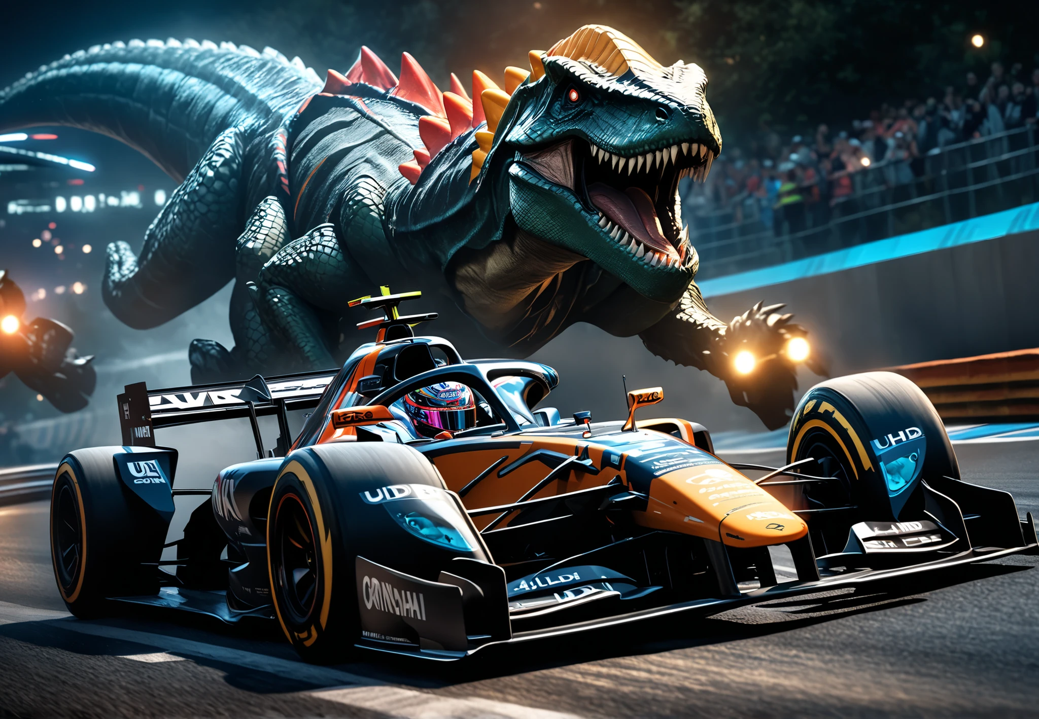 futuristic night race scene, black light, Paved road passing through rocky areas, The low-bodied F1 spec racing car, drivers competing for cornering, scary monster approaching from behind,monster has a dinosaur upper body and a caterpillar、is armored with material similar to that of a racing car、 4k, 8k, super high image quality, realistic, Like Photos, HDR, UHD, professional lighting, ultra-detailed depiction, Physically Based Rendering, vibrant colors, bokeh effects
