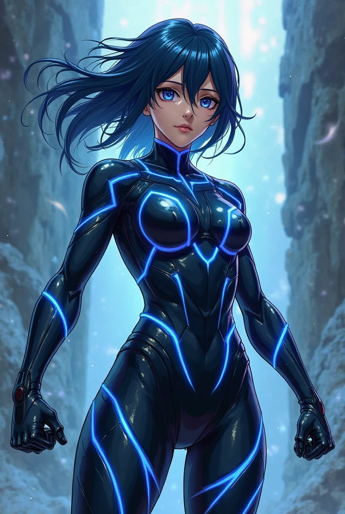 SINISTER BLACK FIRE blue DARK ATMOSFERA ultra detailed visually rich 2d cartoon manga concept art illustration of a NINA TEKKEN + aLITA adult woman, created with the CYBER BIO post apocalyptic overgrown wilderness style from Horizon: forbidden west, ((candid photography)) luminous and enchanting dark and eerie lit dark fantasy realm (rule of thirds) depth of field intricate details subtle colors fantastical realm extremely detailed ultra sharp focus, light particles
