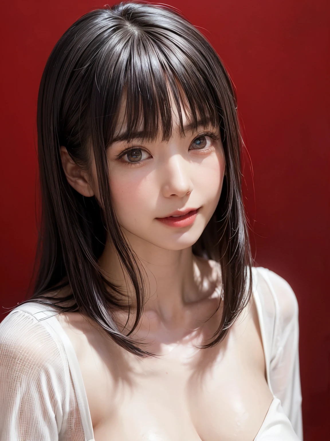 Realistic, Like the picture, Tabletop, Highest quality, RAW Photos, One Girl, alone, short hair, Brown Hair, Detailed face, Attractive face, ((virgin killer sweater, breasts apart)), Dynamic pose, (hug, press against chest), ((looking up at viewer, From above)), Detailed Background, Fine details, Intricate details, Ray Tracing, Depth of written boundary, low key, Hmph, Japanese