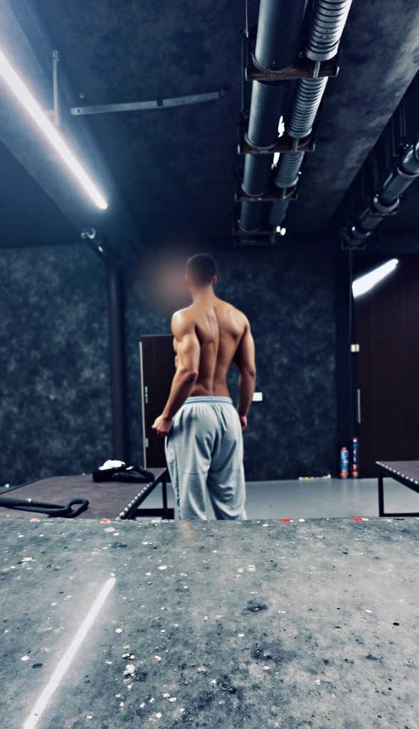 Jon snow, 17 years old, short haircut, black hair, intense blue eyes, intense gaze, affiliated features, no facial hair, height 1.93, weight 90 kg, aesthetic muscular and corpulent build, broad shoulders, V-shaped body, wolf tattoo on right arm, full body focus, completely hairless,