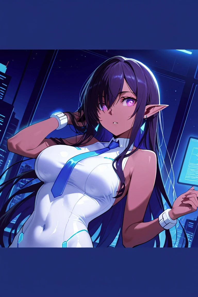 (masterpiece:1.37), best quality, (extremely detailed:1.37), woman, mature, adult, breasts, (very long hair:1.5), dark purple hair, purple eyes, (extremely detailed eyes:1.37), crop top, cleavage, navel, jeans, open fly, desperation, (wetting: self 3.0), standing, city, futuristic, neon lighting, high-tech, street