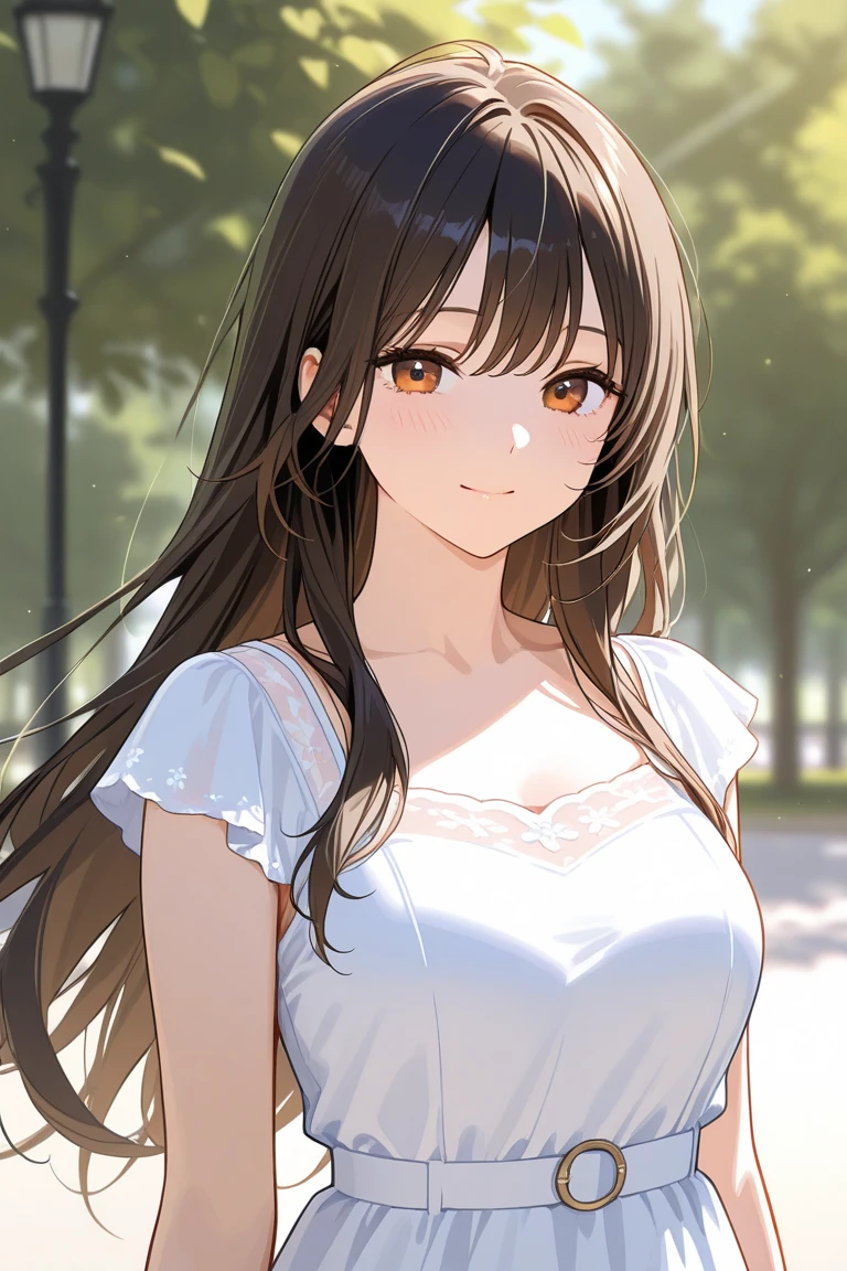 Cleavage、waving hand, upper body、(pale skin: 1.2), shiny skin, shiny hair、(A 25-year-old woman with medium-length hair and bangs) and (wavy hair) and (brown hair) and (orange eyes) , (white) and (off shoulder dress) 、smile, open mouth, blush, Forest park in the background、Alone、Are standing