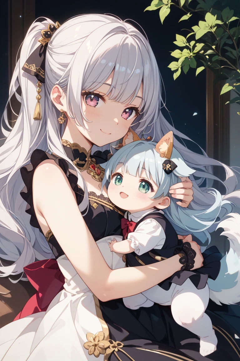weddingdress、A dark-haired、Bang、bangss、Inner color is blue、Medium long、Wolfcut、Holding a baby girl、Baby is one year old