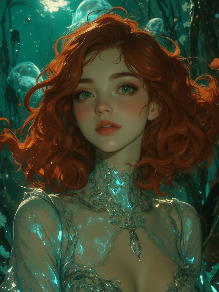 hyperrealistic redhead, irish, Gorgeous sexy beautiful realistic woman with freckly breasts, green eyes reflection, ripped wet jeans and threads, underwater in her thirties on field with cotton and roses, with freckles and blonde curls and skindetails during golden hour, skin with beautiful nostalgic mood and freckles with emotive face with wet skin and petals falling and dandelion seeds flying and dramatic light play --auto --s2
