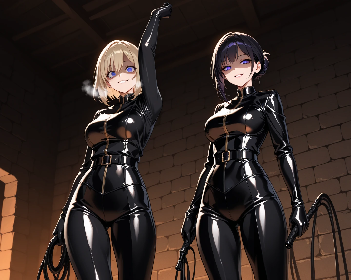 (masterpiece), (best quality), (high res) 2boys, (perfect anatomy) (perfect face) anime boy, (crossdresser), medium dark brown hair, red eyes, brown skin, wide hips, narrow waist and thick thighs, flustered, brushing, standing in space, flat chest, (full body suit), (visible bulge), (skin tight space green quantum space suit) man, fair skin, white hair, yellow eyes, in outer space, (gay sex)