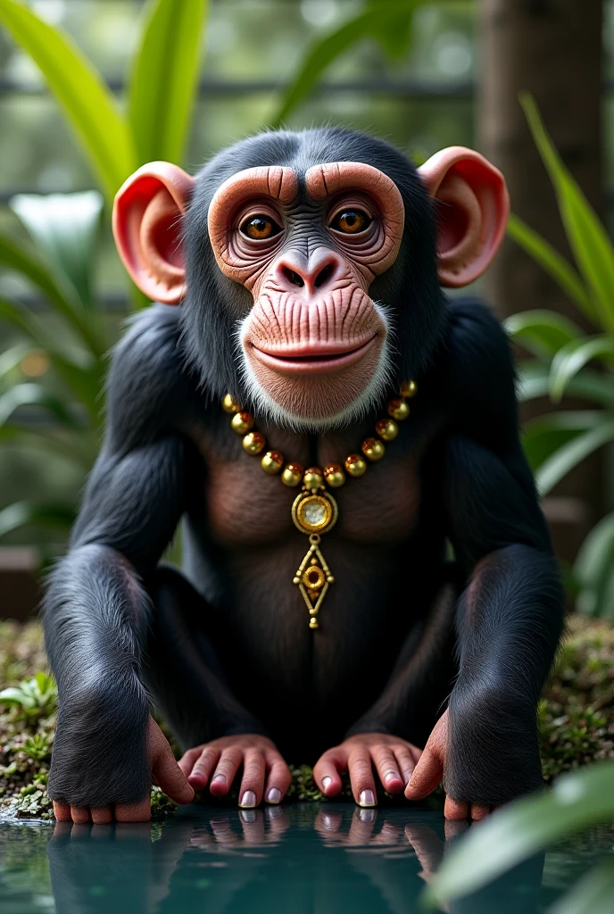 Chimpanzee realism with gray hair, wearing a window pendant, a loincloth, and with a human gaze.
