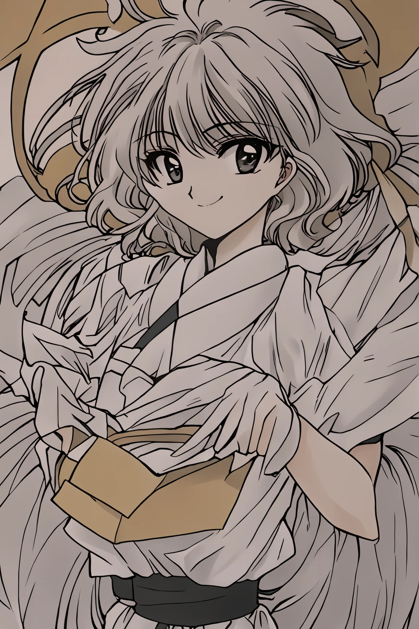 masterpiece top quality, Japanese manga line art, Ryuzakiumi,smile녀,1 person,Facing a black and white comic ,Color subtraction,Facing a black and white comic 연출,Cut cartoon, 2,smile,Her costume is everyday wear