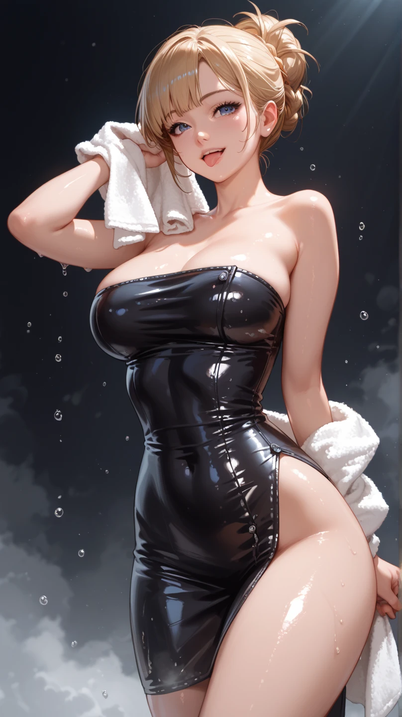 ((masterpiece)), ((best quality)), (((high definition)), a woman with a wet towel standing in front of a window, wet towel, ((short black hair)), hyper-realistic full figure, soaked body, ultra realistic image, perfect body, shiny wet skin!!, thick smooth thighs, whole body
