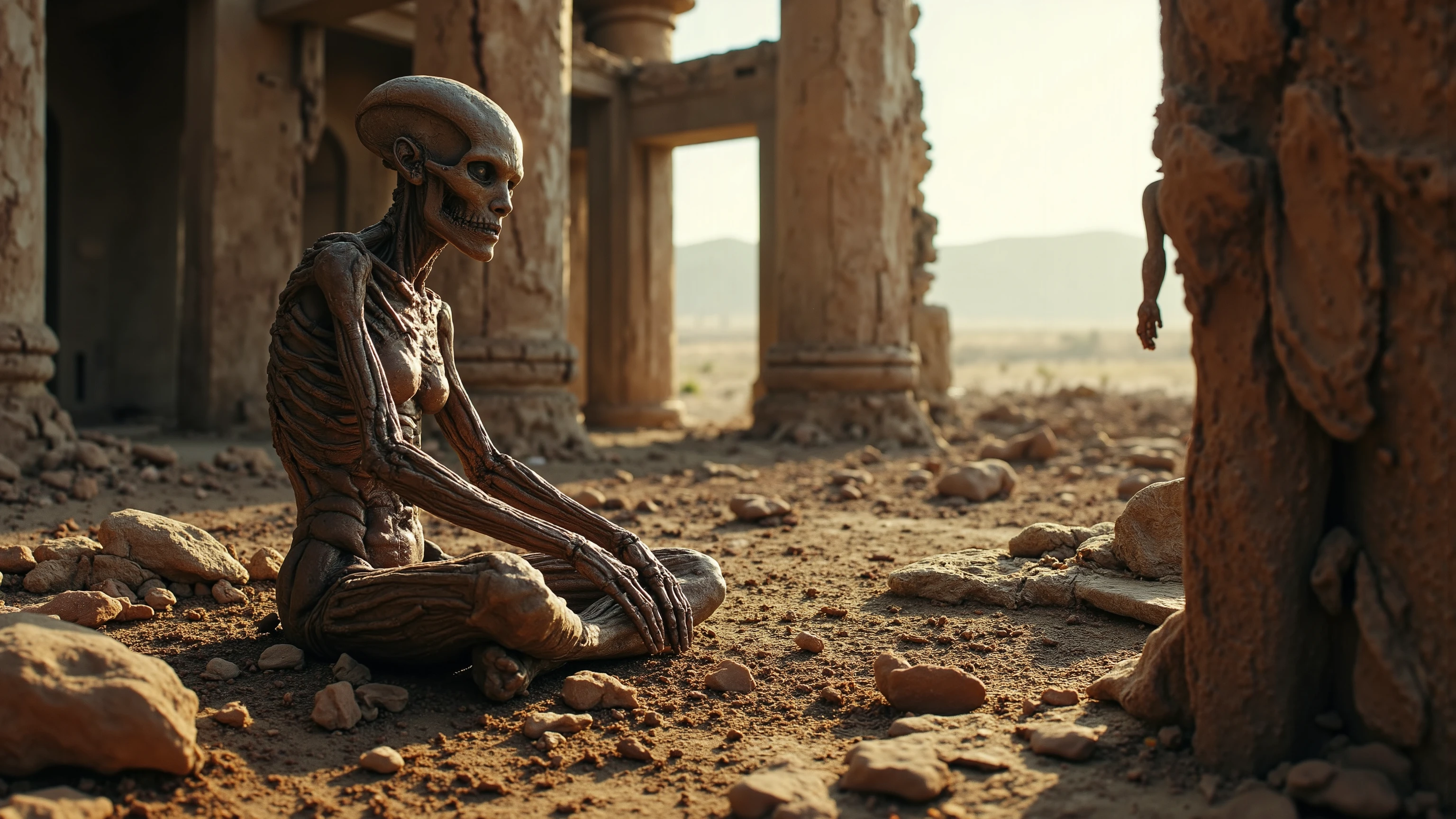 A full body photo of an hideous decaying alien mummy, meditating about the past life, at a long forgotten ancient alien imperial temple. horizon, landscape, panorama, ray tracing, UHD, HDR, 16k, DSLR, epic, photorealistic, cinematic, masterpiece, award-winning.