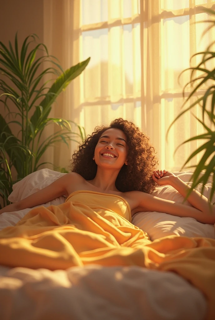 (photorealism:1.2), beautiful cyborg woman, laying on bed, smiling, wearing loose off-shoulder top, pajama pants, long curly hair, indoors, soft lighting, plants in background, window with sunlight, cozy room, relaxed pose, realistic, intricate details, warm colors, by Greg Rutkowski, by Alphonse Mucha, whatsapp image, facebook image