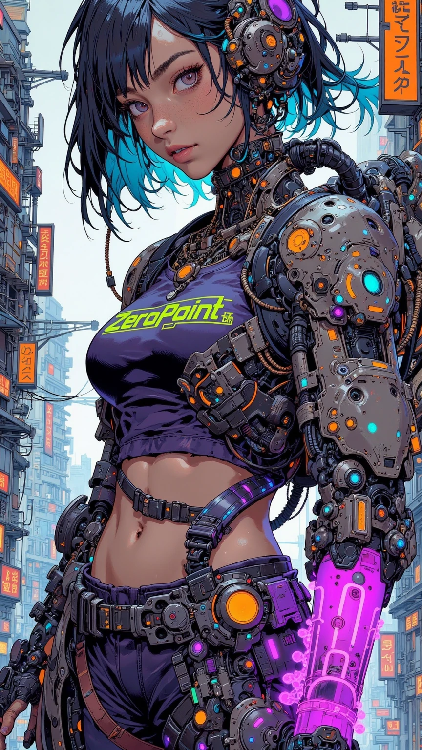 pingtu style、Illustration Style、Neon style、Gothic、、cartoon，This is a Highly detailed digital illustration，Futurism、The female role in cyberpunk style is featured。Her slim figure，physically strong，skin presents a deep bronze color，A head of electric blue hair draped over the shoulders。Her outfit combines high-tech and streetwear。She wears a dark purple short sleeveless top，There is a neon green sign on her chest「ZeroPoint」。
Her left arm is completely mechanical，covered in bronze gray and NEON YELLOW MECHANICAL PARTS，You can see the glowing purple energy source。The right arm is