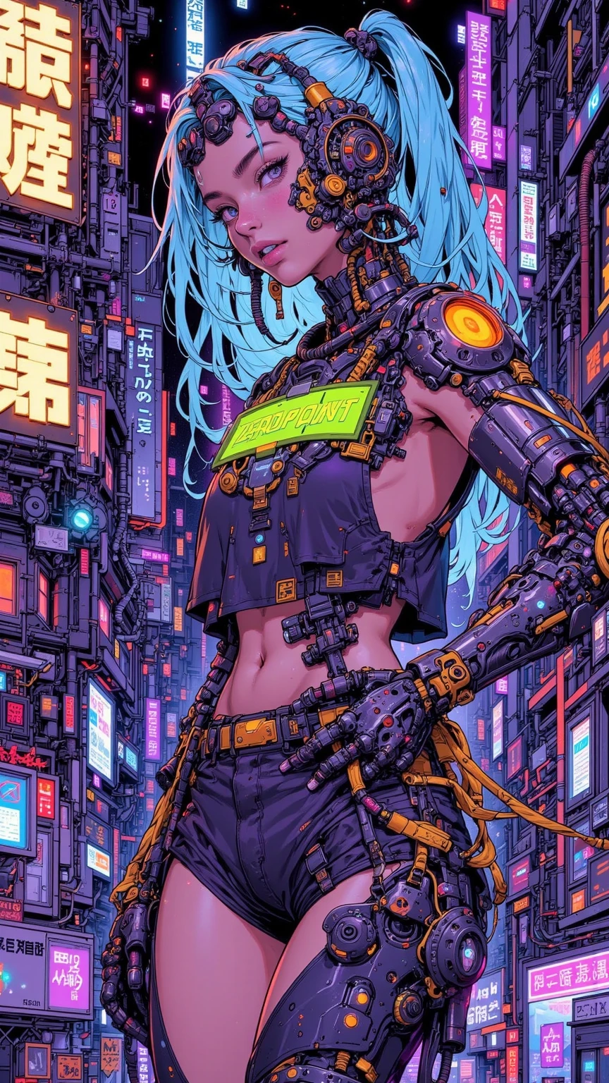 pingtu style、Illustration Style、Neon style、Gothic、、cartoon，This is a Highly detailed digital illustration，Futurism、The female role in cyberpunk style is featured。Her slim figure，physically strong，skin presents a deep bronze color，A head of electric blue hair draped over the shoulders。Her outfit combines high-tech and streetwear。She wears a dark purple short sleeveless top，There is a neon green sign on her chest「ZeroPoint」。
Her left arm is completely mechanical，covered in bronze gray and NEON YELLOW MECHANICAL PARTS，You can see the glowing purple energy source。The right arm is