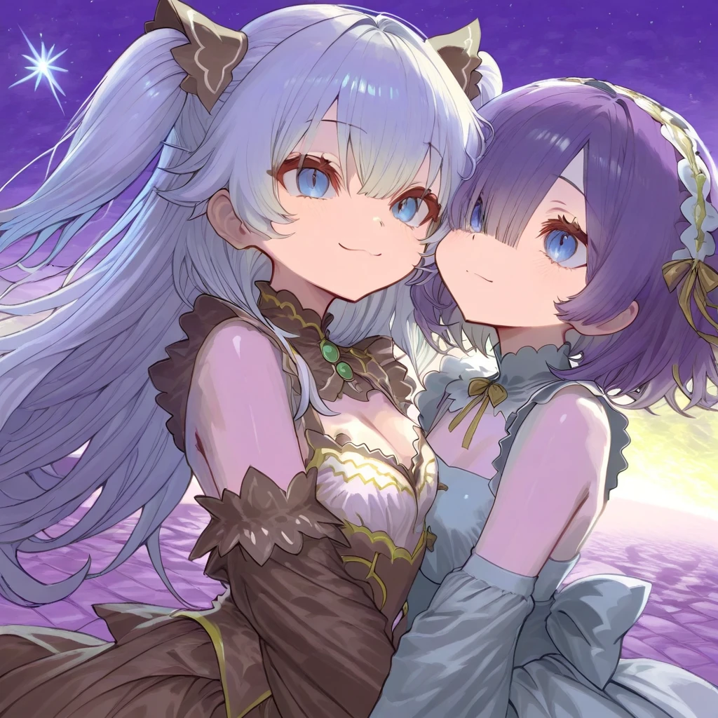 Illustration, 1girl, illyasviel von einzbern, unicorn (azur lane), {{{fusion}}}, {{{agglutination}}}, combination, (((mature female))), (((purpler hair))), (((purpler eyes))), (((halter dress))), (((standing))), (((hands on hips))), (((big breasts))), (((narrow shoulders))), (((narrow waist))), (((smile))), long hair, huge ass, hotel room, masterpiece, best qualityst, ((masterpiece)), ((best qualityst)), ((ultra detrailed)), upper body, {{{agglutination}}}, pose With hands on hips, (((look at the person's face))), (((face-to-face look))),