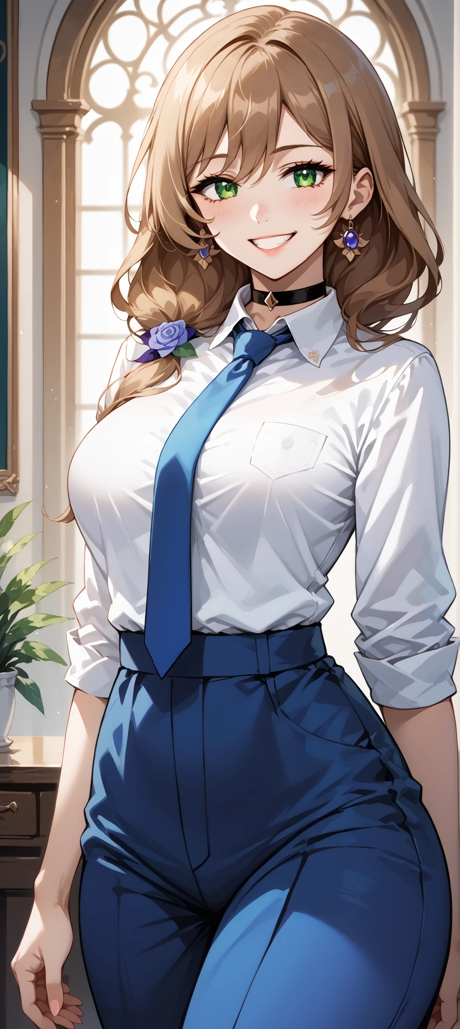 score_9, score_8_up, score_7_up, source_anime, 4K,perfect fingers,(perfect hands, perfect anatomy),prefect lighting, very aesthetic, intricate details,highly detailed background, masterpiece, high quality, best quality,
1girl,Solo,lisaminci, lisa minci, brown hair, green eyes, long hair, low tied hair, large breasts,,
wearing ((Black choker, Collared shirt, White shirt, Earrings, Blue tie, )),,
Grin in, looking at viewer,