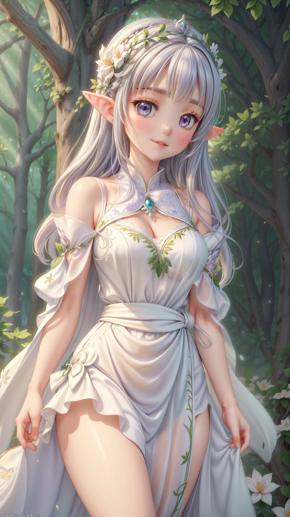 Ultra-realistic, hyper-detailed, 8K, photorealistic, vivid, masterpiece, shiny skin, firm skin, cute, high-quality, delicate slender body with graceful curves, very big hips, long flowing white silver hair cascading down her back, striking purple beautiful eyes with a gentle sparkle, pointed elf-like ears subtly peeking through her hair, Emilia from Re:Zero - Starting Life in Another World, wearing a white elegant dress with intricate silver embroidery and a soft purple ribbon tied at the waist, medieval fantasy forest background with towering ancient trees, standing gracefully with a gentle warm smile, front-facing camera capturing her full figure, soft golden sunlight filtering through the canopy casting a serene glow, peaceful and tranquil situation with a faint breeze rustling her hair, detailed lush green foliage with white blooming flowers and delicate vines, magical and ethereal concept with a hint of mysticism, intricate textures on her dress shimmering faintly, her expression radiating kindness and innocence, a small silver crown resting lightly on her head, pristine white cloak draped over her shoulders fluttering softly.