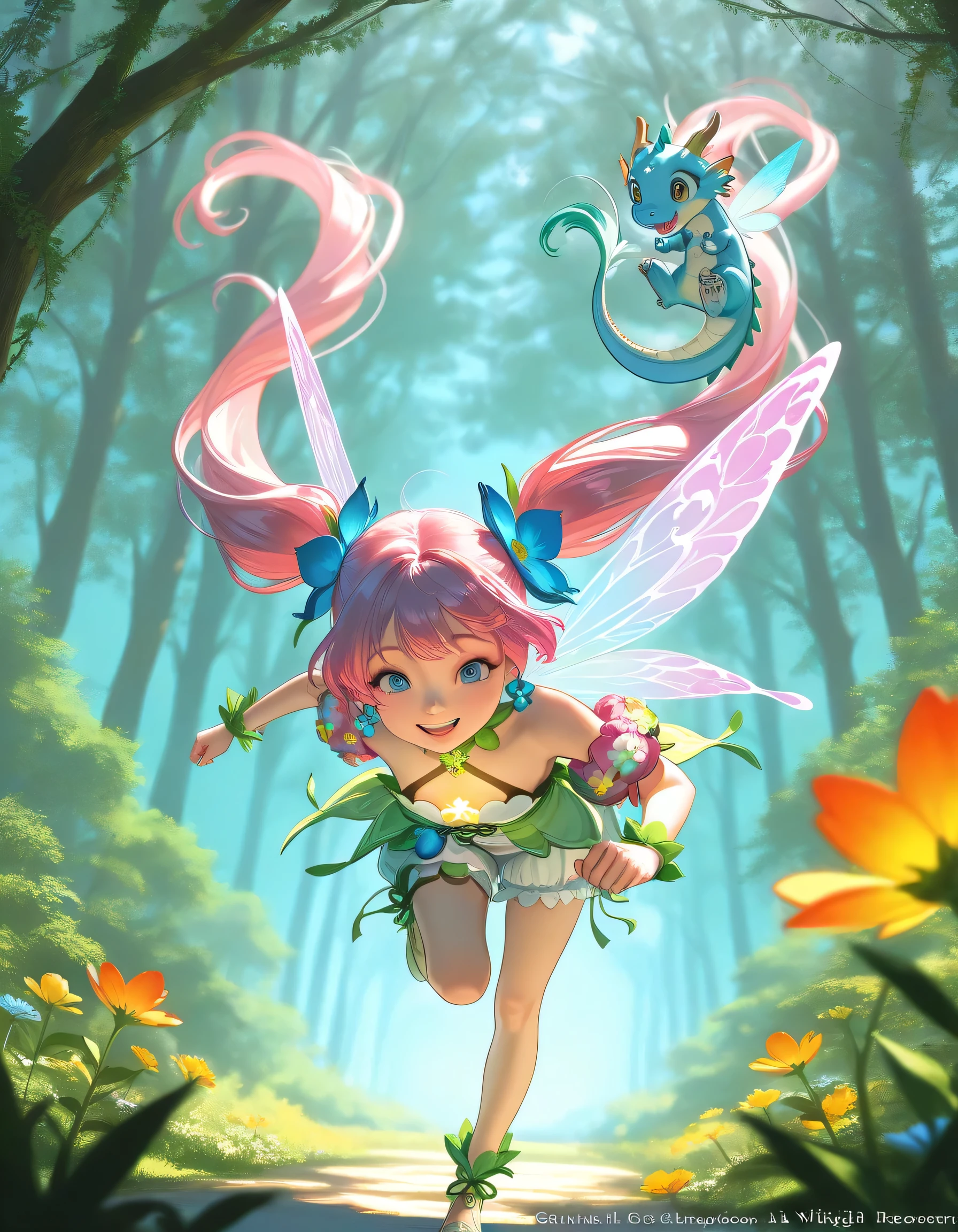 1girl,twin pony Tails,pink hair,(playing with baby dragon),In magical meadow, pallete color,best quality,4k,masterpiece,ultra-detailed,realistic,HDR,UHD,studio lighting,vivid colors,fairy fantasy landscape,whimsical,magical,enchanted,lush greenery,colorful flora,glowing light,mystical atmosphere,sharing a happiness, dynamic view, heartwarming, masterpiece, Sharp focus, HD, depth of field,big smile, running, happy face,