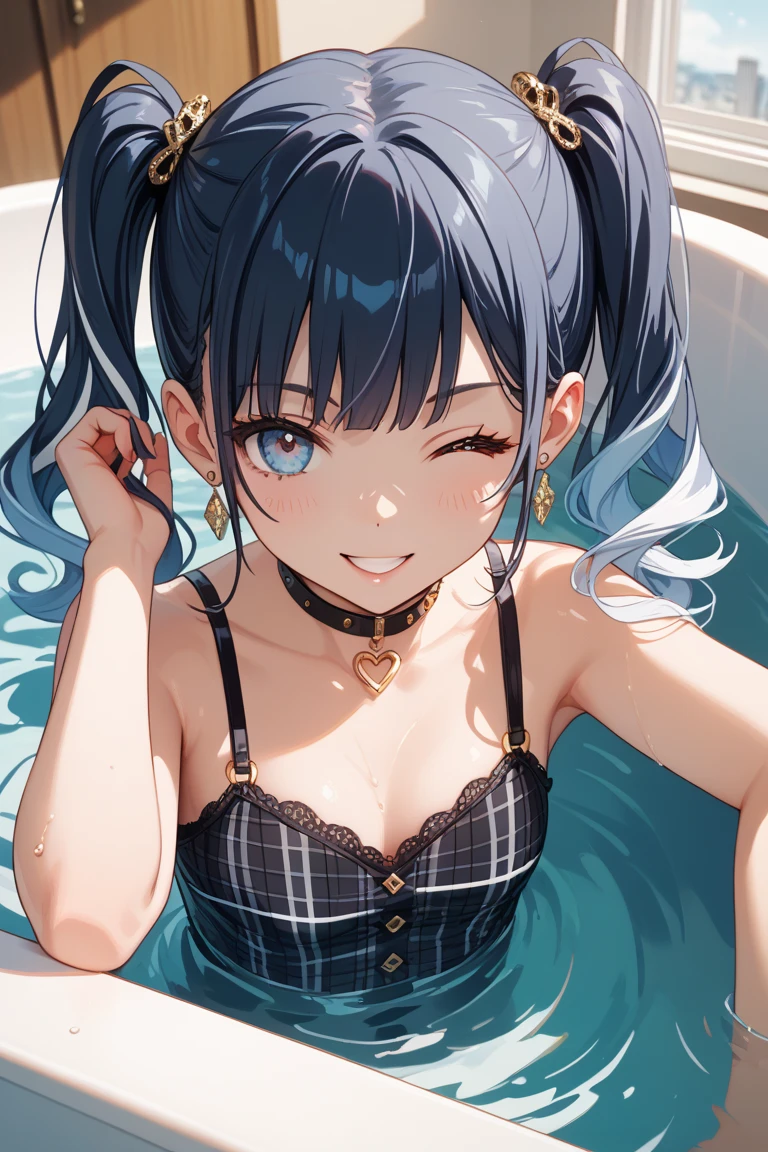 (anime style),masterpiece, best quality, extremely detailed,15Year old,tanned skin,dark skin, Beautiful body,small breasts,BREAK,multicolored colorful black hair,short hair,hair slicked back,for head,pigtails,BREAK,black eyes,out tongue,shy smile,open mouth,mouth on water,half closed eye,detailed lips,open legs,BREAK,cotton black big ribbon,BREAK,yellow camisole,striped_bikini,off shoulder,navel,break,head tilt,in the park,dripping,Drinking fountains,huging2girl,