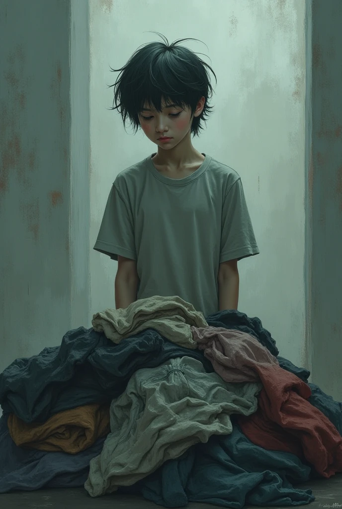 thirteen-year-old boy, poor, sad, sitting writing in his diary crying wearing dirty clothes and house looking dirty, realistic, torn coat