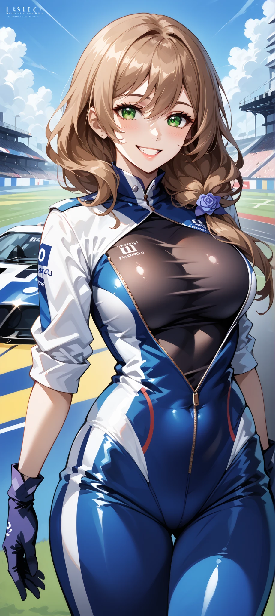 score_9, score_8_up, score_7_up, source_anime, 4K,perfect fingers,(perfect hands, perfect anatomy),prefect lighting, very aesthetic, intricate details,highly detailed background, masterpiece, high quality, best quality,
1girl,Solo,lisaminci, lisa minci, brown hair, green eyes, long hair, low tied hair, large breasts,,
wearing ((circuit girl, racing suit, latex,red and white racing suit, )),,
Grin in, looking at viewer,
