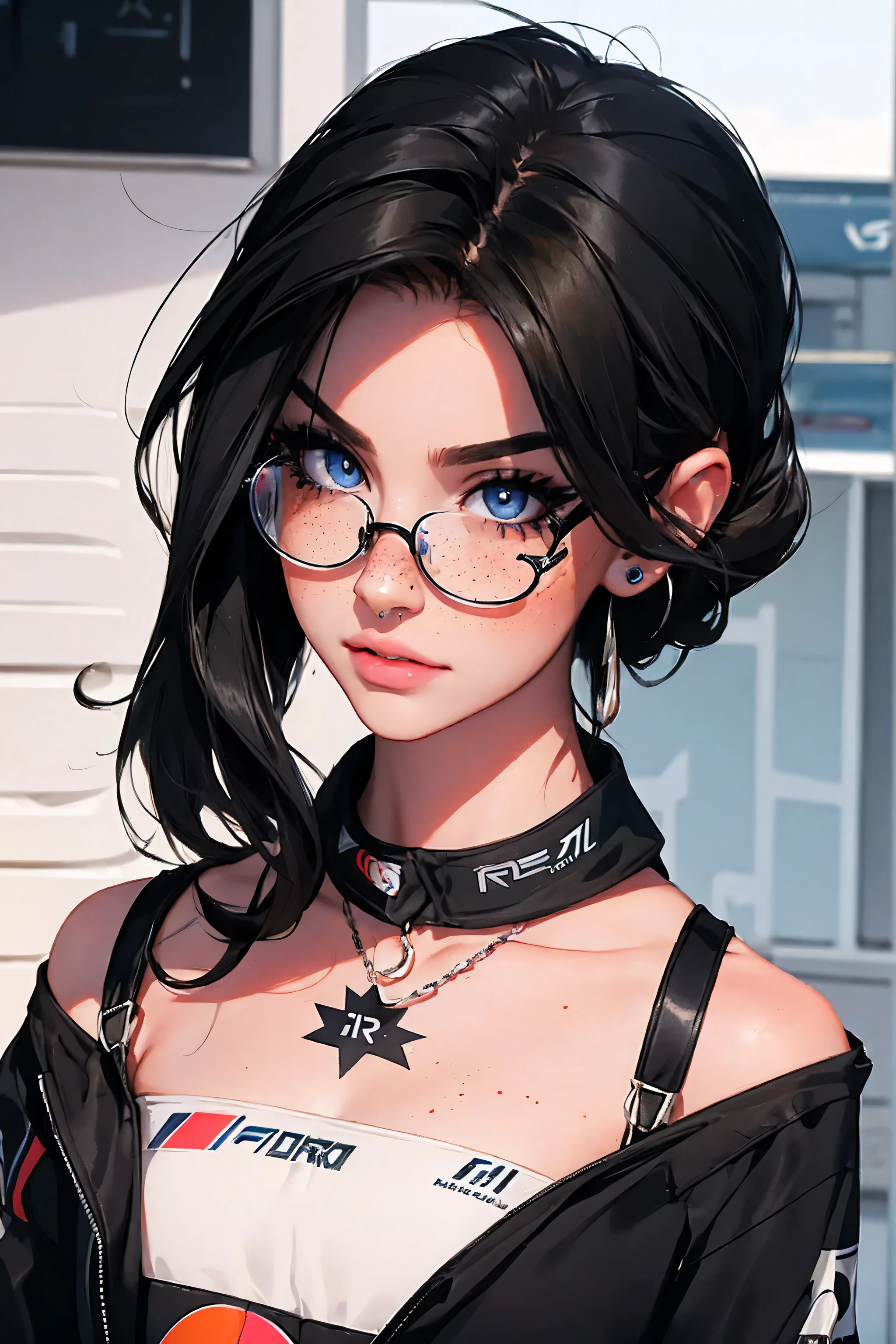 24 year old girl, influencer, model, beautiful, mascara, nose blush, freckles, tube top, piercings, tattoos, slender, slim, black hair, emo, witch, blue eyes, circle frame glasses, (((f1 racing)))