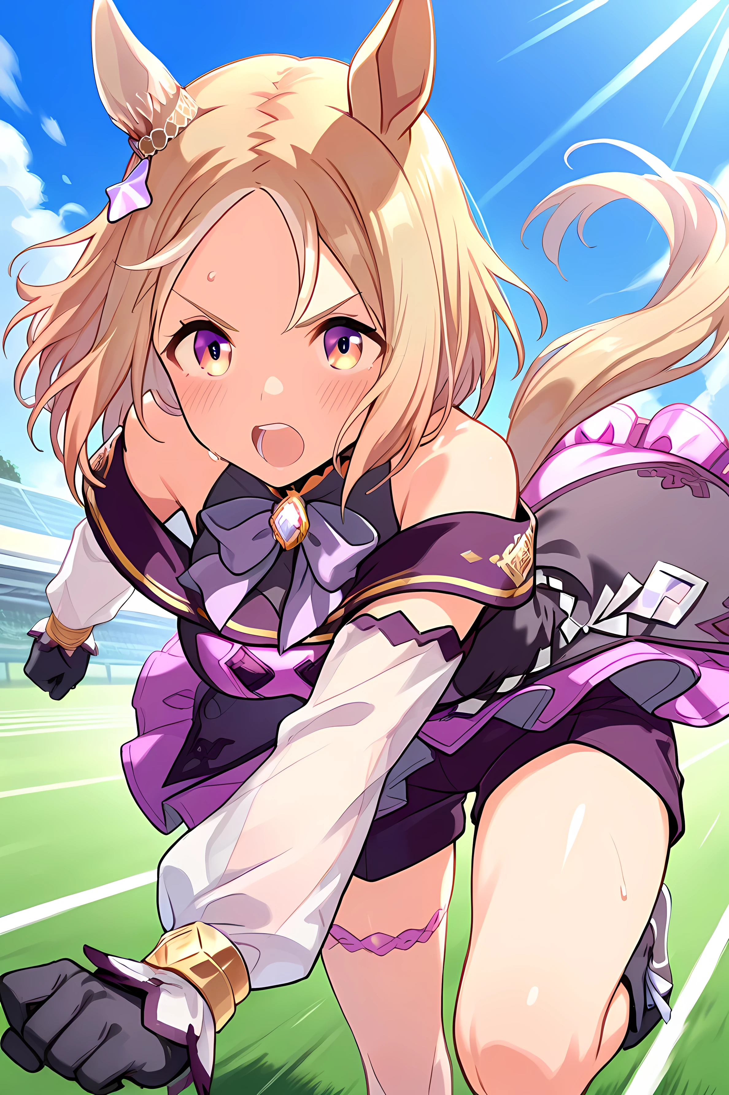 narita top road \(umamusume\)，horse tail, short hair, animal ears, ear ornament, ear covers, single ear cover，purple dress, off-shoulder dress, purple bow, long sleeves, see-through sleeves, black gloves, purple shorts, thigh strap, bare shoulders，（（（masterpiece））），（（（detailed）））（（best quality）），（（hyper detailed）），（beautiful），（（shinythighs）），（（（shiny skin））），（high quality skin），（（8k）），（（high resolution）），dynamic motion，（running on Lawn），horse racing track，（serious and blush），（breath），（sweat），speed lines，in the evening and Sunlight，（ light rays on eye ），キャラクターを右寄せにする，（（太ももから顔のクローズアップ画像）），斜め横からのキャラクターアップ画像， anime girl, solo, 