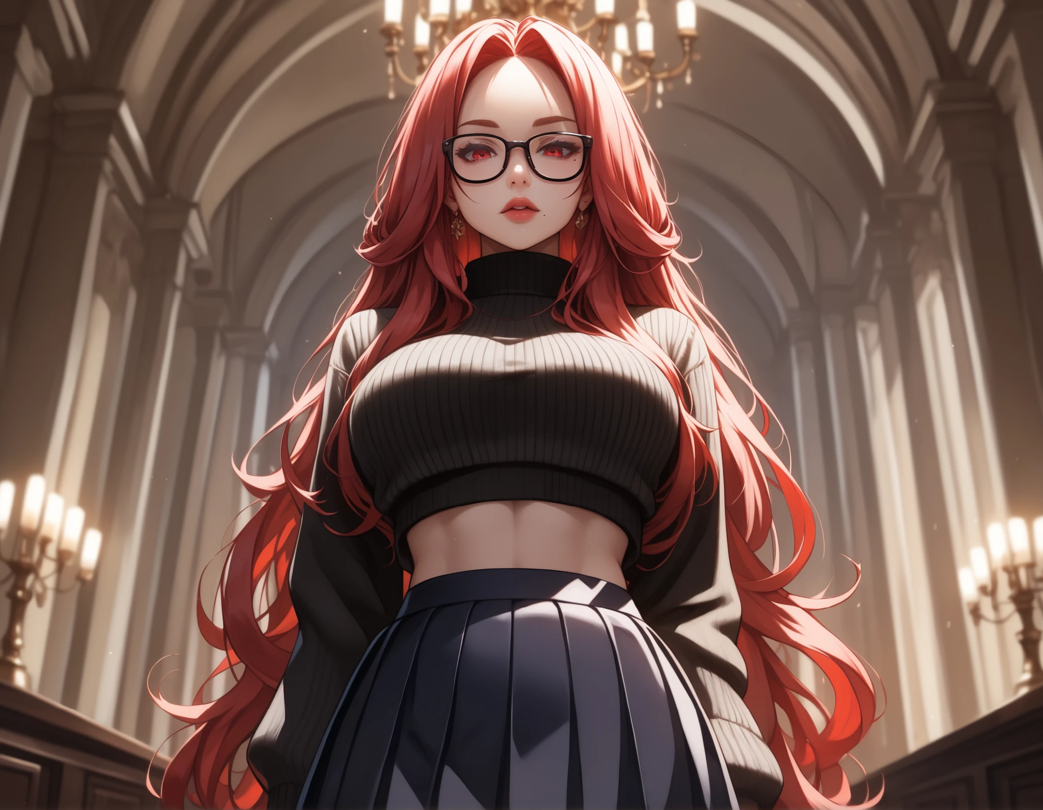 Watercolor, score_9, score_8_up, score_7_up, (Volumetric_lighting: 1.7), (masterpiece), (lora: detailed anime girlsXL), (lora: My Pony Style V4), (lora: NoobAI-XL Detailer), (lora: smooth lighting enhancer) (lora: Detailed Background), (lora: NKxXmo's Shaded Face), (lora: SDXL high detailed. LoRA_SDXL_ARW_0010: 0.75), (lora: Waifu Eyes), (((Masterpiece, high quality, detailed image, 1woman, black_sweater, crop_sweater, long_black_skirt, black-framed_eyewear, very_long_hair, crimson_hair,))), solo, solo_focus, cleavage, looking_at_viewer, glasses, indoors, lips, mole_on_breast, standing, studio, blurry_background, foreshadowing, 8K, high_quality, detail_focused, blurry_background, (Diminishing scale perspective:1.3), ((forced_perspective))
