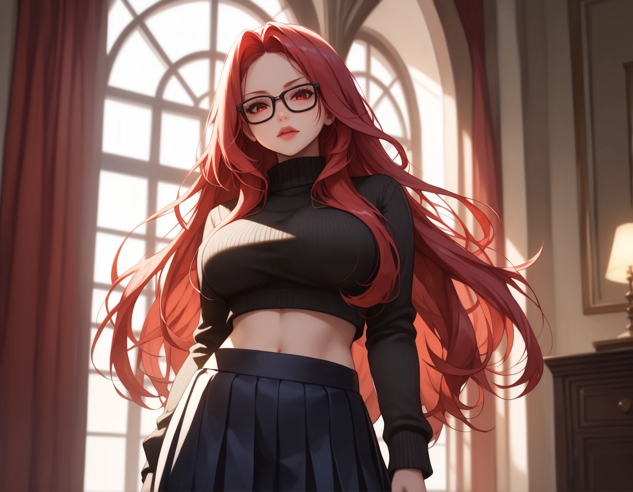 Watercolor, score_9, score_8_up, score_7_up, (Volumetric_lighting: 1.7), (masterpiece), (lora: detailed anime girlsXL), (lora: My Pony Style V4), (lora: NoobAI-XL Detailer), (lora: smooth lighting enhancer) (lora: Detailed Background), (lora: NKxXmo's Shaded Face), (lora: SDXL high detailed. LoRA_SDXL_ARW_0010: 0.75), (lora: Waifu Eyes), (((Masterpiece, high quality, detailed image, 1woman, black_sweater, crop_sweater, long_black_skirt, black-framed_eyewear, very_long_hair, crimson_hair,))), solo, solo_focus, cleavage, looking_at_viewer, glasses, indoors, lips, mole_on_breast, standing, studio, blurry_background, foreshadowing, 8K, high_quality, detail_focused, blurry_background, (Diminishing scale perspective:1.3), ((forced_perspective))