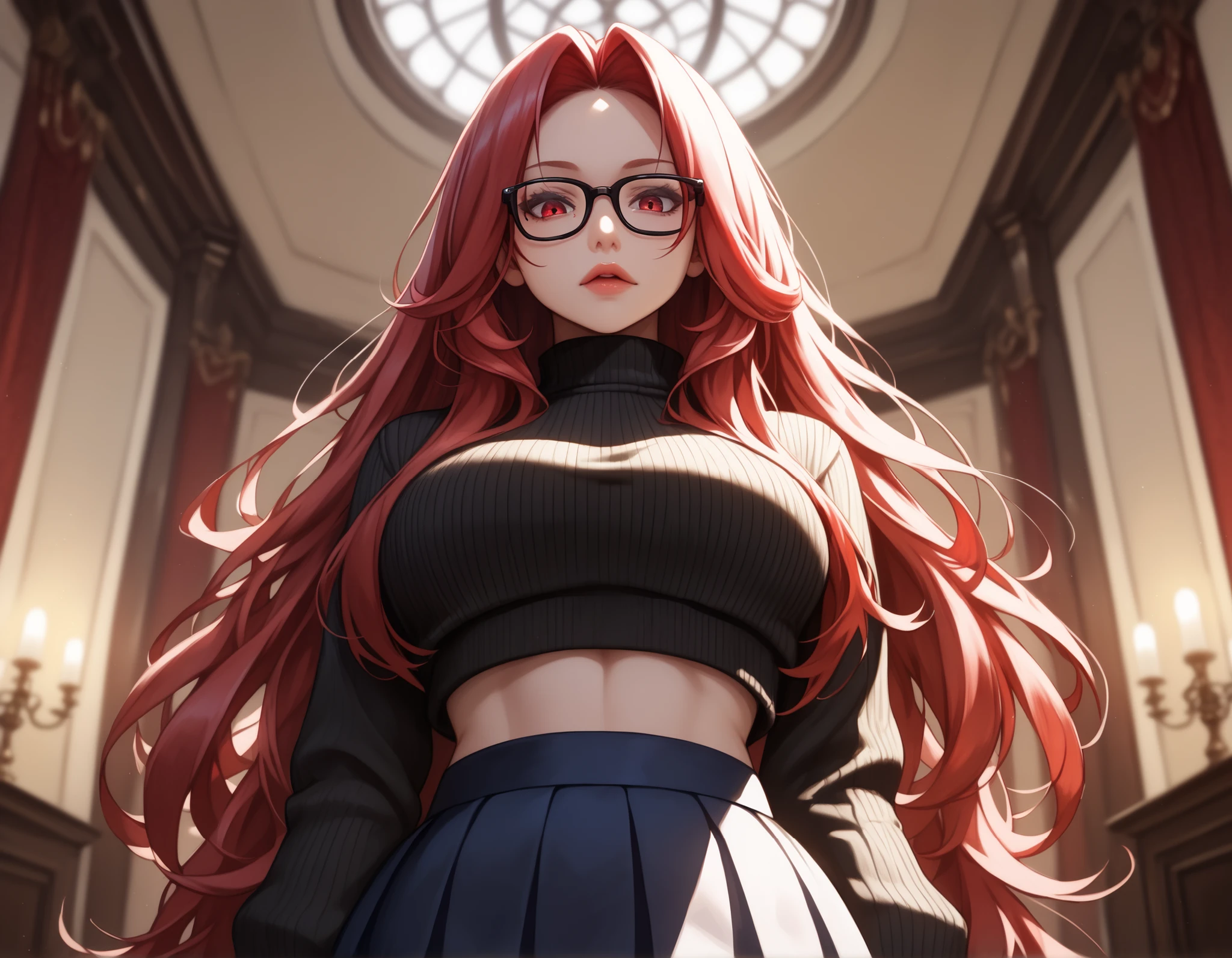 Watercolor, score_9, score_8_up, score_7_up, (Volumetric_lighting: 1.7), (masterpiece), (lora: detailed anime girlsXL), (lora: My Pony Style V4), (lora: NoobAI-XL Detailer), (lora: smooth lighting enhancer) (lora: Detailed Background), (lora: NKxXmo's Shaded Face), (lora: SDXL high detailed. LoRA_SDXL_ARW_0010: 0.75), (lora: Waifu Eyes), (((Masterpiece, high quality, detailed image, 1woman, black_sweater, crop_sweater, long_black_skirt, black-framed_eyewear, very_long_hair, crimson_hair,))), solo, solo_focus, cleavage, looking_at_viewer, glasses, indoors, lips, mole_on_breast, standing, studio, blurry_background, foreshadowing, 8K, high_quality, detail_focused, blurry_background, (Diminishing scale perspective:1.3), ((forced_perspective))