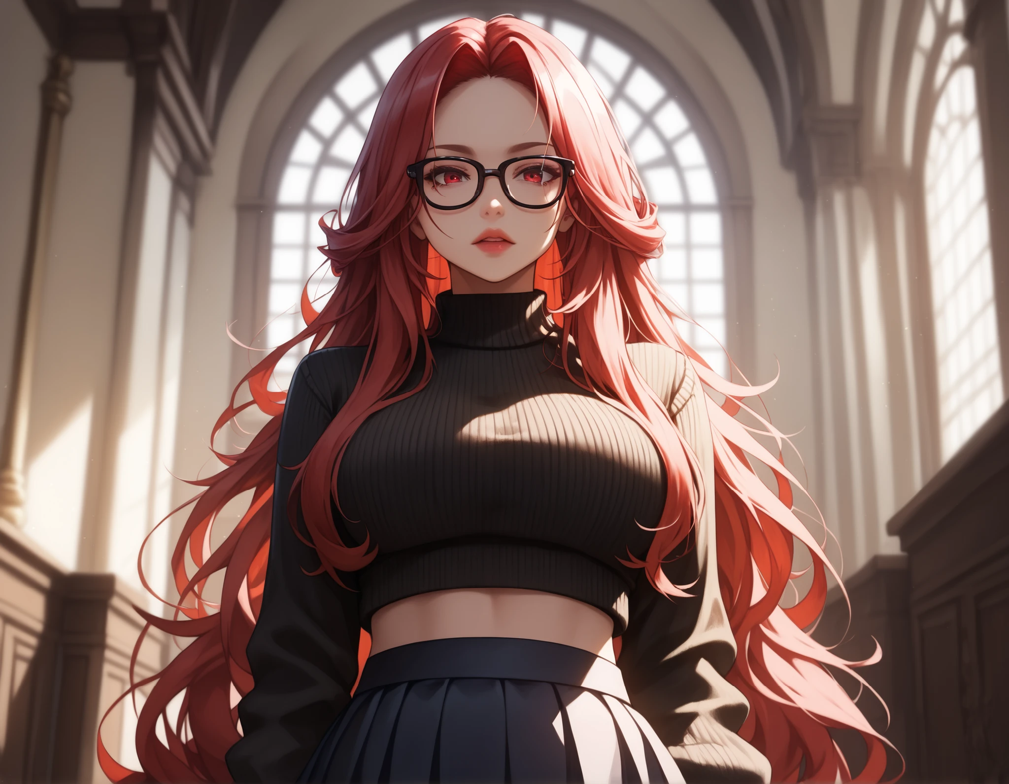 Watercolor, score_9, score_8_up, score_7_up, (Volumetric_lighting: 1.7), (masterpiece), (lora: detailed anime girlsXL), (lora: My Pony Style V4), (lora: NoobAI-XL Detailer), (lora: smooth lighting enhancer) (lora: Detailed Background), (lora: NKxXmo's Shaded Face), (lora: SDXL high detailed. LoRA_SDXL_ARW_0010: 0.75), (lora: Waifu Eyes), (((Masterpiece, high quality, detailed image, 1woman, black_sweater, crop_sweater, long_black_skirt, black-framed_eyewear, very_long_hair, crimson_hair,))), solo, solo_focus, cleavage, looking_at_viewer, glasses, indoors, lips, mole_on_breast, standing, studio, blurry_background, foreshadowing, 8K, high_quality, detail_focused, blurry_background, (Diminishing scale perspective:1.3), ((forced_perspective))