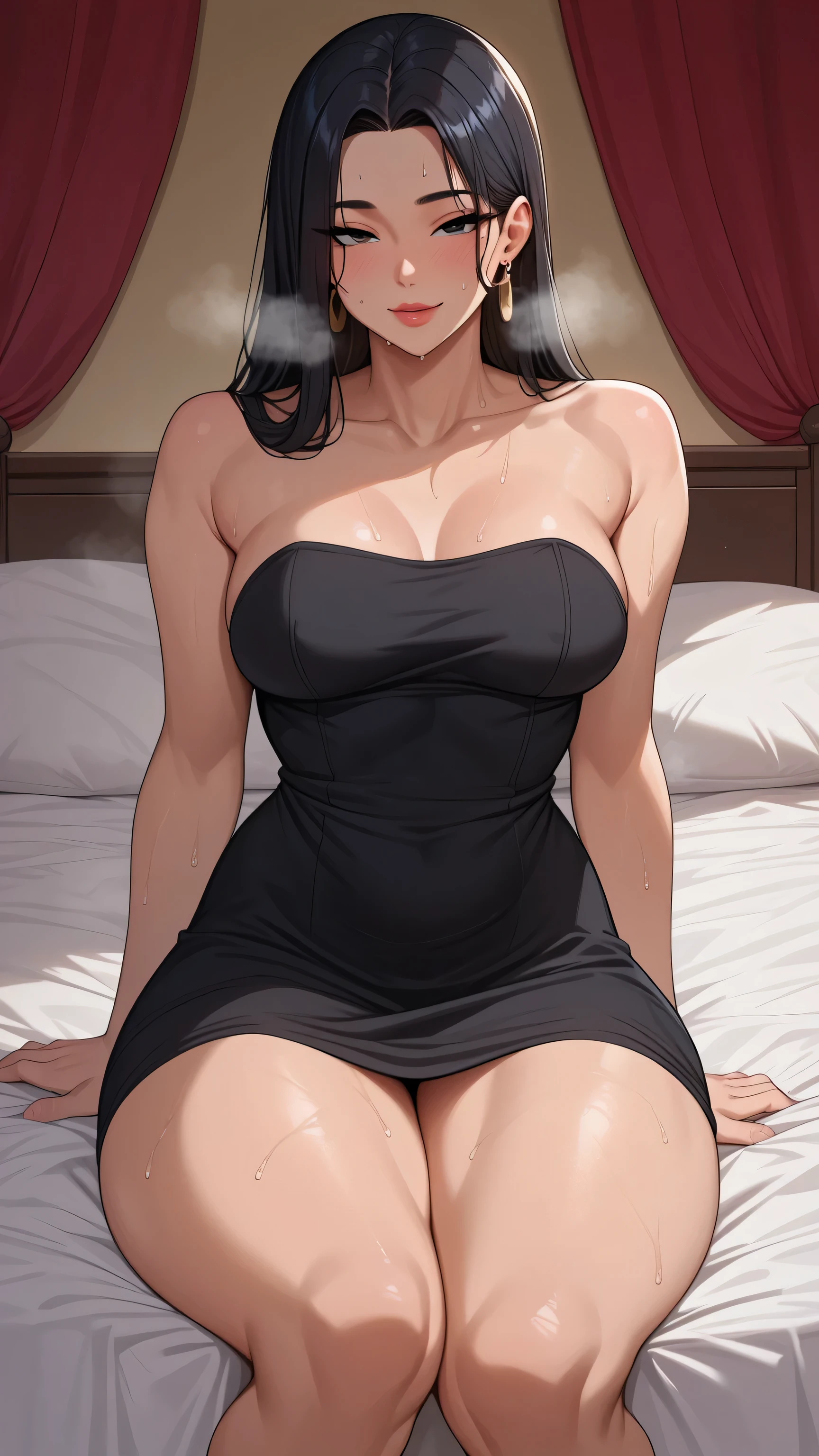 Score_9, Score_8_up, Score_7_up, Score_6_up, Score_5_up, Score_4_up, Source_anime, Tag1, Tag2, Best quality, High quality, Detailed, High resolution, 8k, Ultra high res, Soft saturation, Professional quality, Perfect contrast, Perfect litthing, Anatomically correct, medium breasts, Wide hips, big butt, Thick thighs, Sensual woman, mature female, bedroom eyes, seductive, bedroom, steam fog, sweat, sensual eyes, bed, steam, breath, looking, petite body, female, pov, face focus, bedroom, fully clothed, black dress, black eyes, light-skinned female, korean female, korean, straight hair, black hair, long hair, sitting on the bed, korean woman,