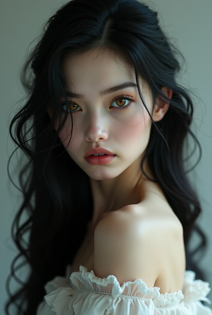 1 girl, long black hair, intense green eyes, fine features, naked, big breasts, Red cheeks