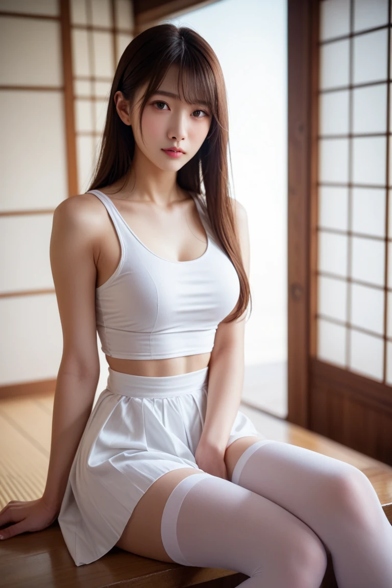 (A hyper-realistic), (illustratio), (hight resolution), (8K), (extremely detaile), (The best illustrations), (beautiful detailed eye), (highest  quality), (ultra-detailliert), (​masterpiece), (wall-paper), (details face), ソロ1女の子, White wavy hair, Korea person, Iris heterochromic eyes, small moles under eyes, Loose white shirt, yoga pant,, the Long legs, Tight abs, camel's toe, dynamicposes、pretty short hair with bangs,、long neck、Put your ears out、Close your mouth and smile happily、natural soft light、No shadow needed、Highlights in the eyes