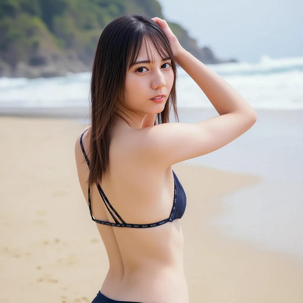 (((best image quality、highest quality、Super high quality 1.5、Super high quality 1.5、32K、8K、ticker、RAW photo、very clear image、very clear image quality、Photoreal 1.3、Super detailed 1.2, small details, High resolution, wall , Perfect dynamic structure, masterpiece, surreal,非常に詳細な CG Unity 32K wall紙,extremely detailed CG unity 32K wallpaper,realistic pictures、real human being、超High resolution、)))、The fine face and eyes are very detailed ,intricate details ,,pretty girl , soft light like a movie, hyper detail,sharp focus, (((cowboy shot、Angle 1 from below.4、)))、top and bottom striped swimsuit、Ocean、sandy beach、非常に鮮明なOcean、sunny weather、Scorching sun、brown hair、hair blowing in the wind、middle hair、low angle 1.5、butt sticking out