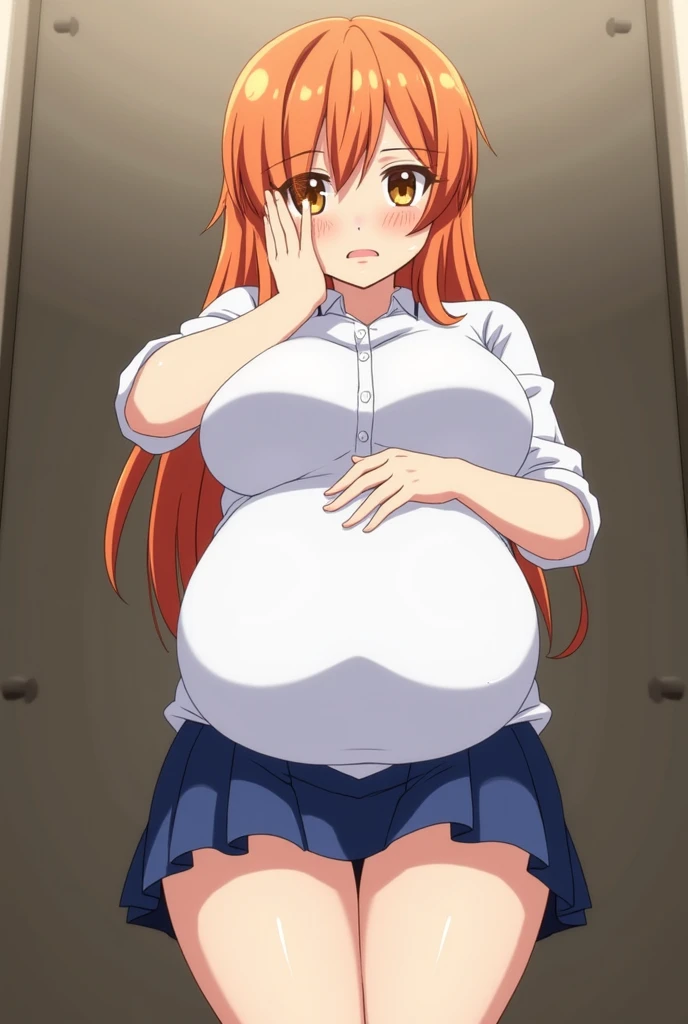 score_9, score_8_superior, score_7_superior, sauce_anime, Highest quality, Clear Face, we, Orange Hair, Orange eyes, Long Hair, Large Breasts, Perfect body, Are standing, View your viewers, Shocked, buruma,White top,Red bottoms,Dynamic Angle, indoor, Wet clothes,blush,Embarrassing,See-through clothing,Big Breasts,Put your hands on your, View from below,bend over