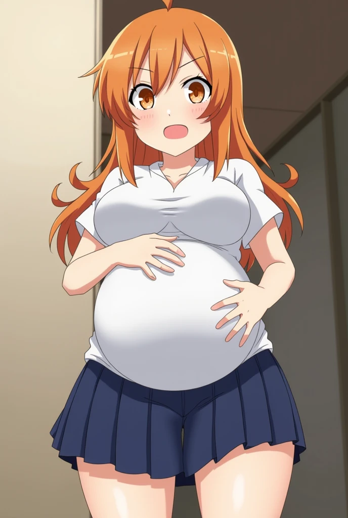score_9, score_8_up, source_anime Bibl3, busty shortstack, misty \(pokemon\), orange hair, huge breasts, wide hips, viewed from front, standing in living room, vacant smile, staring at viewer, pregnant, open mouth, looking at viewer, empty eyes, yellow tank top, exposed pregnant belly, denim shorts, full lips, vivid lips, detailed eyes, detailed face, pretty woman, morning