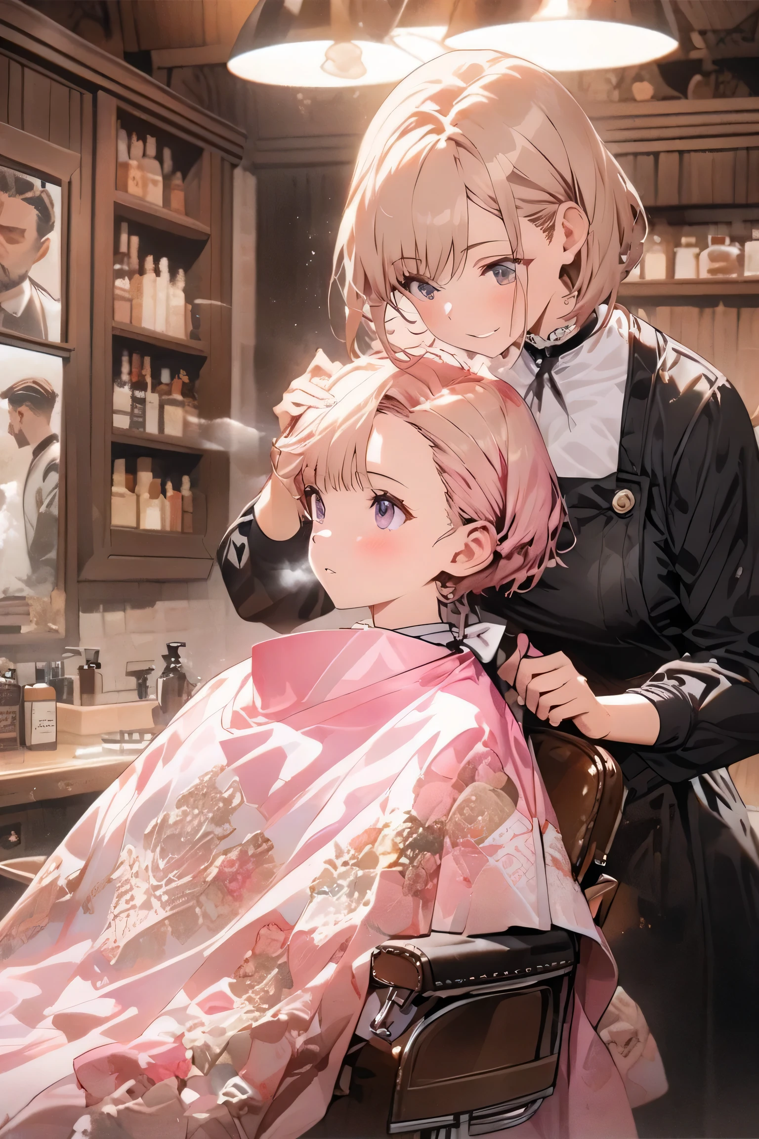 Create an illustration of a woman cutting to girl's hair,
The woman has light brown hair,
(((The girl has pink short hair,The girl is sitting in a barber's chair))),and the background is a barbershop,
masterpiece, stylized aesthetic charismatic randomly composition places and deep breath detail pro-style digital watercolor wax and wash style intricate filigree images, meticulously craftmanship infinity artistic style