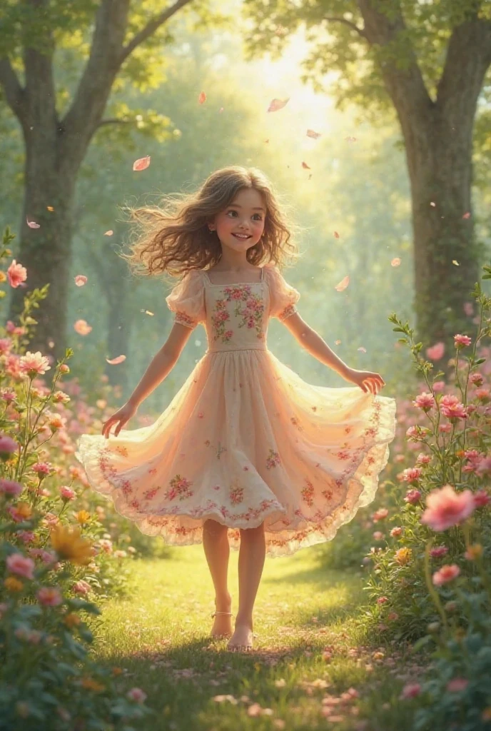 A whimsical girl with long, flowing hair made of flowers, dancing in a field of vibrant colors. Rendered in a dreamy, watercolor style.