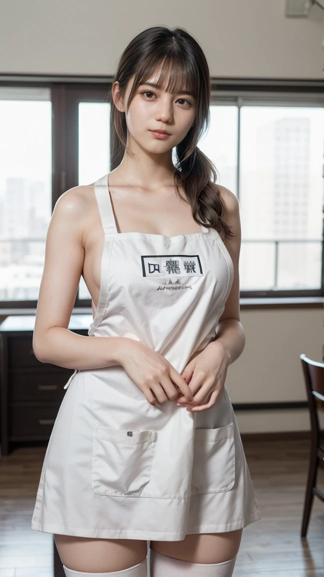 Cute like an idol、Cute and adorable、A 20-year-old girl with a young face、Naked with only an apron on、Naked under the apron、Deep slit apron、Cleavage、Sit on the bed、Accurate、Anatomically correct、Textured skin、Very detailed、 Attention to detail、Highest quality、High resolution、Genuine、Indistinguishable from live-action、realism、Real Stick、RAW Photos、Genuine、masterpiece、Big Breasts、A revealing apron:1.5 、