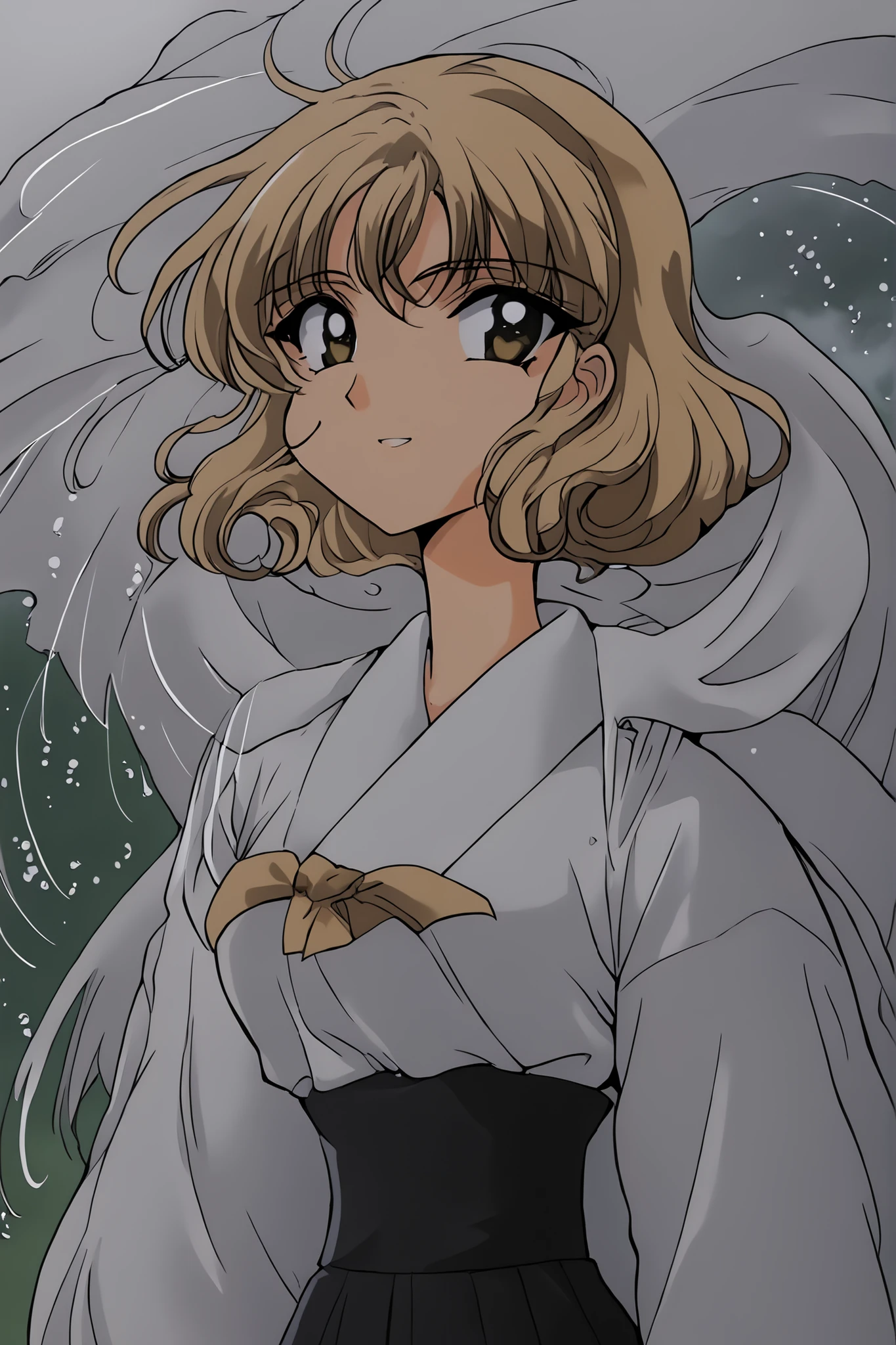 masterpiece, Best Quality, Japanese manga line art, After heavy rain,smile녀,1 person,Facing a black and white comic ,Facing a black and white comic 연출,Cut cartoon,1 cut ,smile,Her costume is everyday wear,wind,Blonde, audio