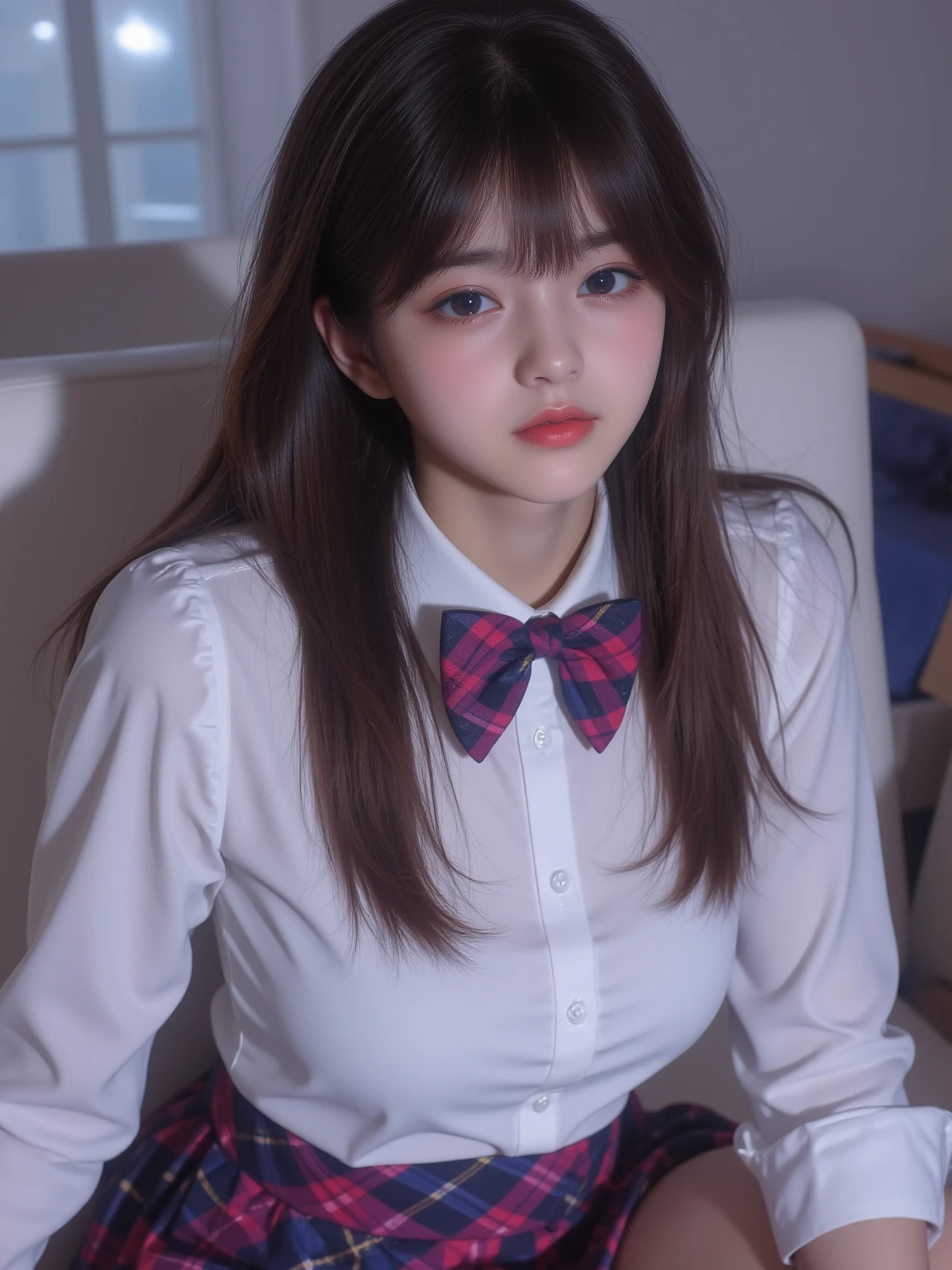 (8K, Raw photography, top-quality, masterpiece:1.2), master piece, best quality, illustration, Super detailed, fine details, High resolution, 8K,wall paper, perfect dynamic composition,(Details High quality, realistic depiction of eyes:1.3), ((2 girls, 2 schoolgirls)), The background is a luxury hotel room、High school girl uniform、blazer 、Super Short Check Uniform Skirt、Navy blue high socks、garterbelts、Colossal tits、Disturbed uniform, Play with each other,Touching each other's bodies,Touching the body of the girl next door, short bob hair, black hair color, huge breasts, Big Natural Color Lip, bold sexy pose, (perfect body shape), crying a little、cold gaze, Beautiful makeup,glitter makeup,Cutest 18 years old, beautiful legs, hposing Gravure Idol, Voluptuous thighs