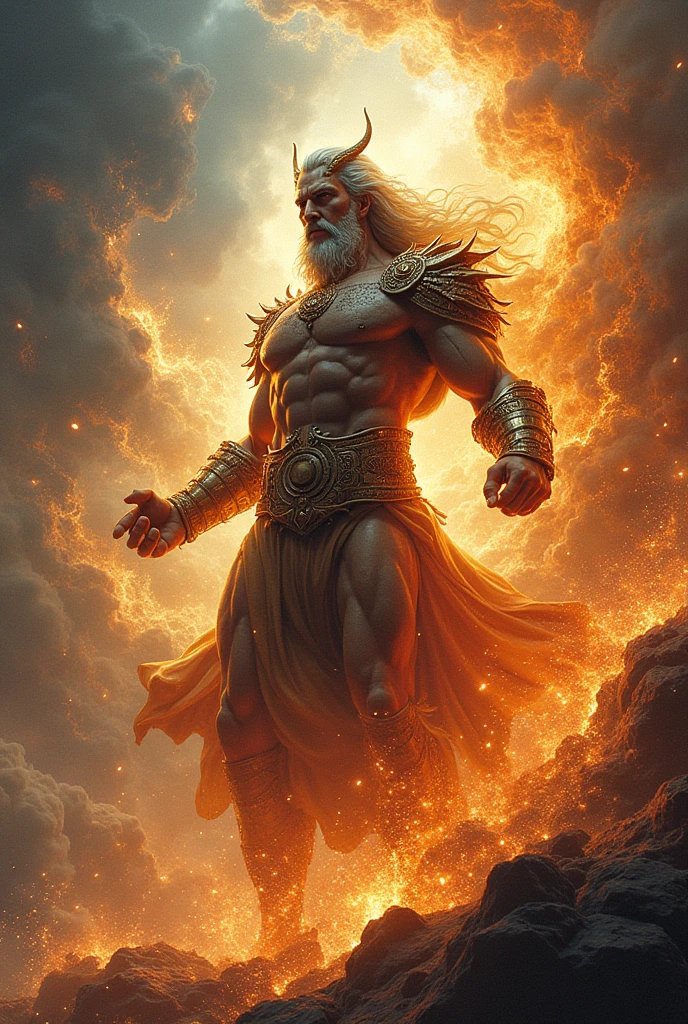 A God who was created from the 4 elements, super strong with a sword of fire, stone chains, a crown of wind and a cape of water.