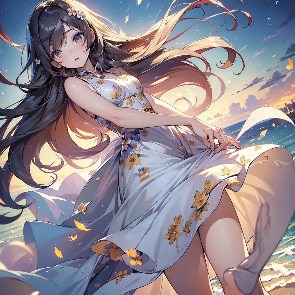 As the sun sets on the horizon, casting a golden glow over the tranquil sea, a young woman in a flowing floral dress strolls barefoot along the beach. The hem of her dress gently brushes against the sand, illuminated by the soft, warm light of the setting sun. She moves with a serene grace, her gaze fixed on the distant waves, lost in contemplation. The evening breeze lightly tousles her hair, adding to the peaceful ambiance of this quiet, reflective moment by the shore. The colors of the sunset blend seamlessly with the hues of her dress, creating a harmonious scene of natural beauty and tranquility.