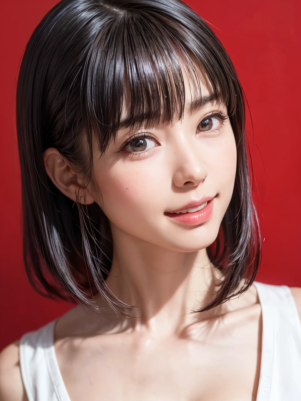 (SFW:1.8、masterpiece, masterpiece、Highest quality),1 Girl, alone, hyper Realistic, Realistic,Realistic, Looking at the audience, Light brown eyes:1.4,Short Brunette Short Bob Hair:1.6、Highly detailed shiny hair:1.5, Very delicate and beautiful、Brightly colored off-the-shoulder dress.:1.4, See-through costume、Lepangas:1.4), Mouth closed, Upper Body、big chest eye、eyelash、{Huge|big chest|Hugeな|mega} whole :2, Chest cleavage:2、(((Add highlights to the eyes:1.4、big chest eye、two side up,Glowing Skin:1.4、Looking at the audience、She is very 美しい and cute、Show me your ears、Beautiful long neck、smile、Close your mouth and smile、Bangs and beautiful teeth)))、Ideal body type、((Very beautiful red background:2、Simple blank landscape in vibrant baby colors:2、Very simple purple background:2))、Beautiful long neck:1.4、(({Huge|big|Huge|mega} chest, Chest cleavage:2))、(((Portraiture:2、Face close-up:2、Face close-up:2)))、Perfect Anatomy、((bangs:2)),White skin、loli,Straight Hair,shoulder length hair