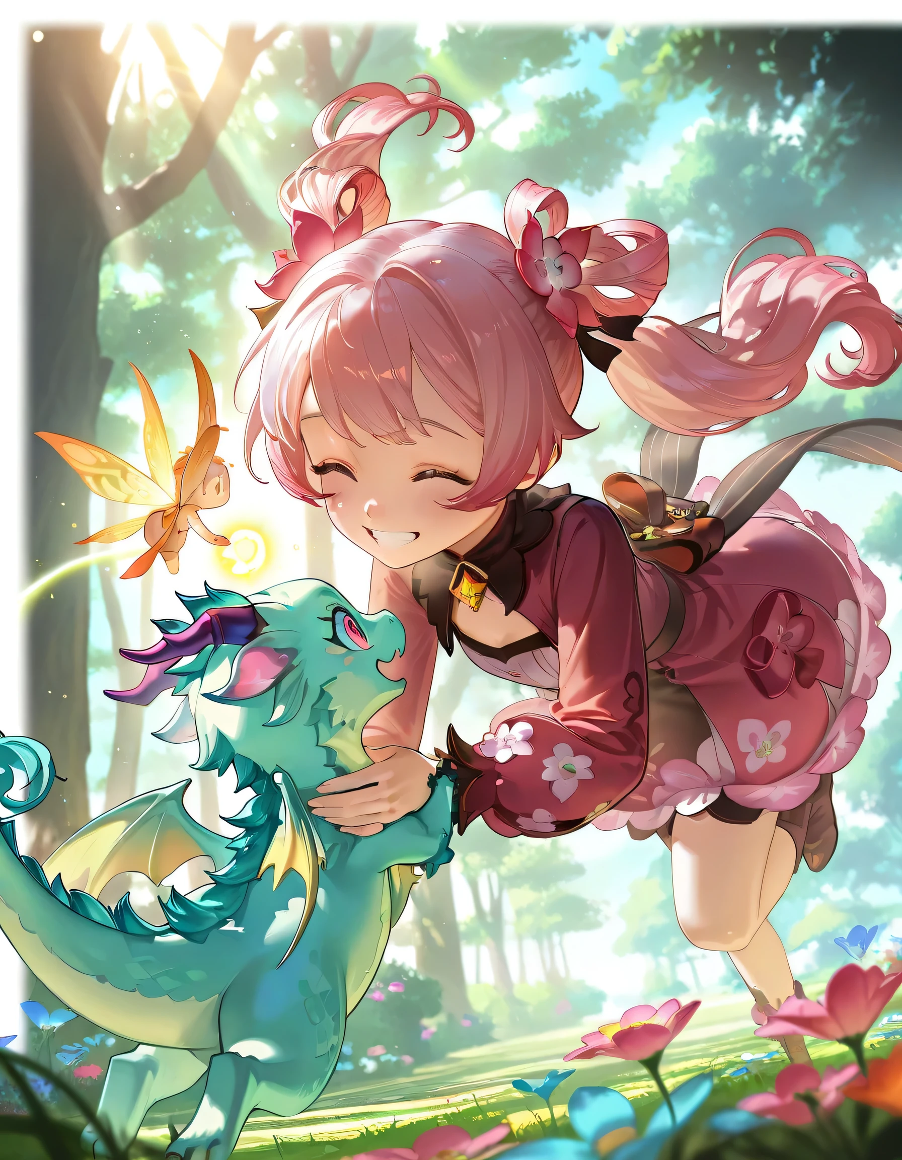 1girl,twin pony Tails,pink hair,(playing with baby dragon),In magical meadow, pallete color,best quality,4k,masterpiece,ultra-detailed,realistic,HDR,UHD,studio lighting,vivid colors,fairy fantasy landscape,whimsical,magical,enchanted,lush greenery,colorful flora,glowing light,mystical atmosphere,sharing a happiness, dynamic view, heartwarming, masterpiece, Sharp focus, HD, depth of field,big smile, running, happy face,