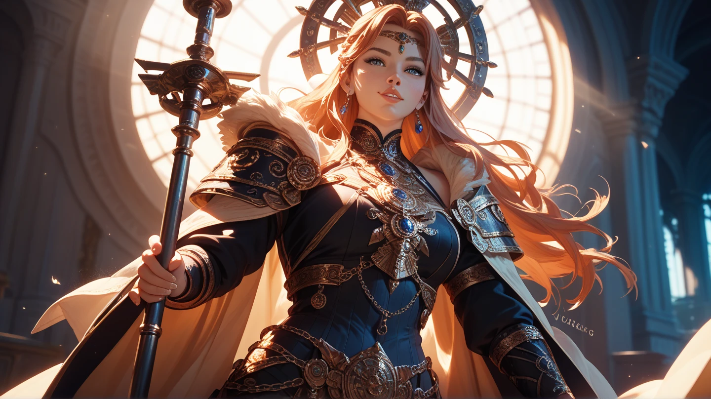 Busty blonde with golden waves cascading down her back, captivatingly clad in an intricately designed archer's outfit. Her curvy figure was accentuated by the form-fitting ensemble, showcasing a generous cleavage and a slim waist. The clothing boasted meticulous detailing, with precise stitching and embellishments that shimmered under the spotlight. The archer's quiver was slung over her shoulder, and in her hand, she gracefully held a finely crafted longbow, its string taut and ready for action. With a determined expression on her face, she radiated an aura of strength and poise.
